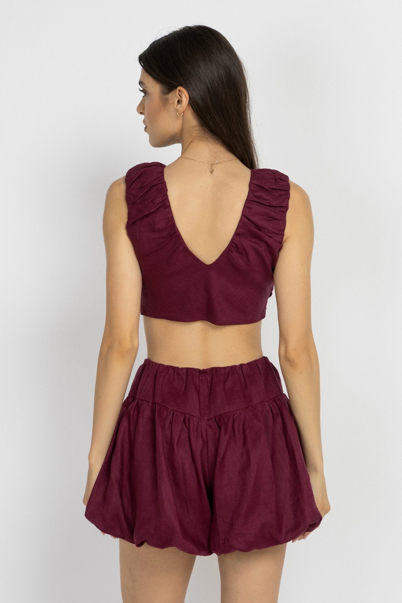 Marsala Linen V-Neck Top with Button Detail