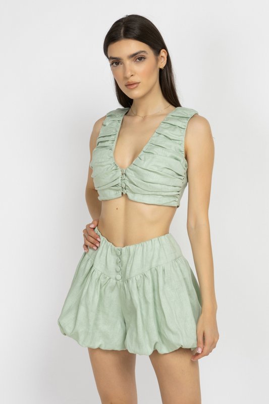 Mint Linen V-Neck Top with Button Detail