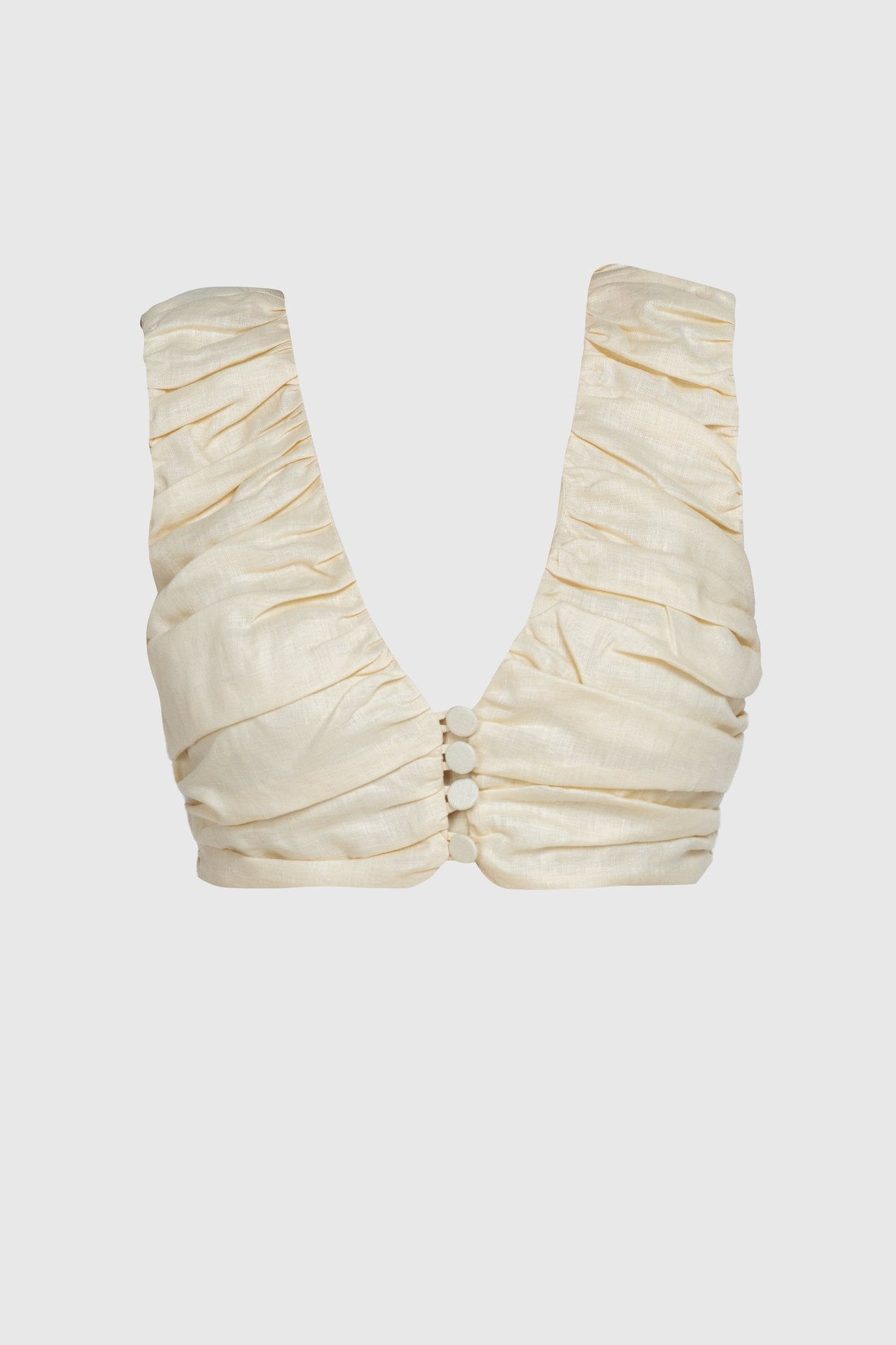 Cream Linen V-Neck Top with Button Detail