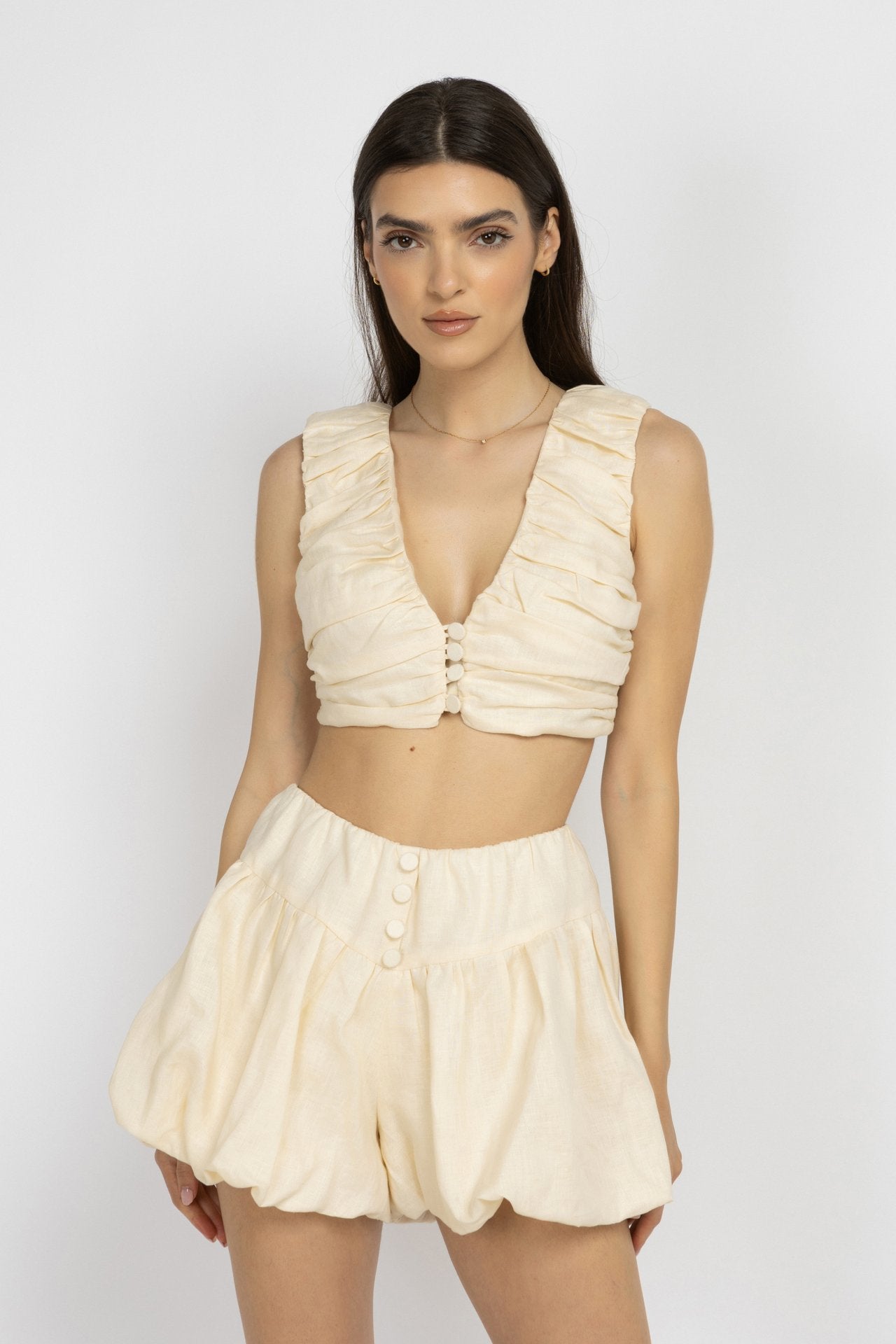 Cream Linen V-Neck Top with Button Detail
