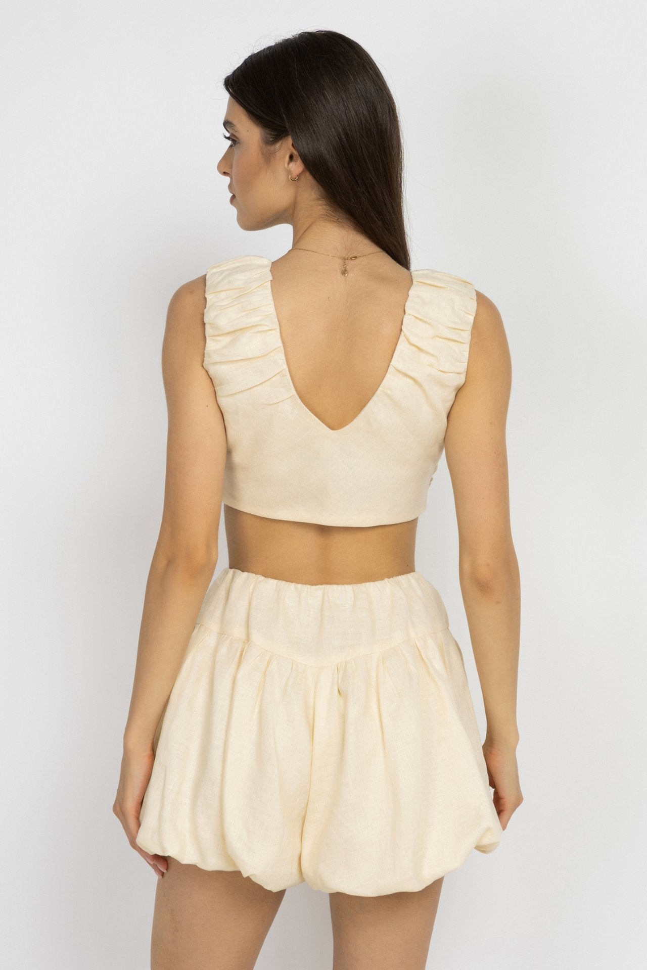 Cream Linen V-Neck Top with Button Detail