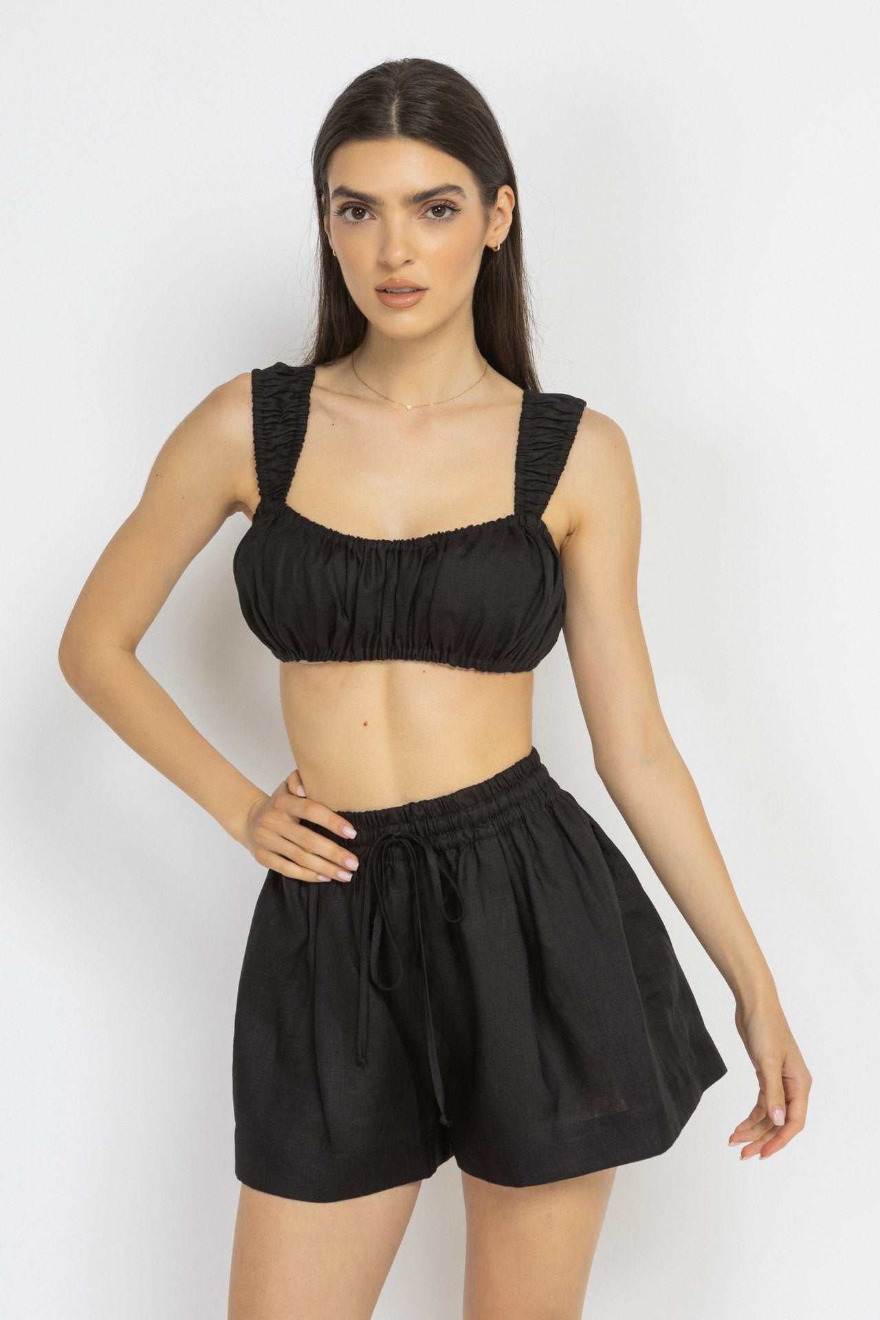 Black Linen Bustier with Elastic Details