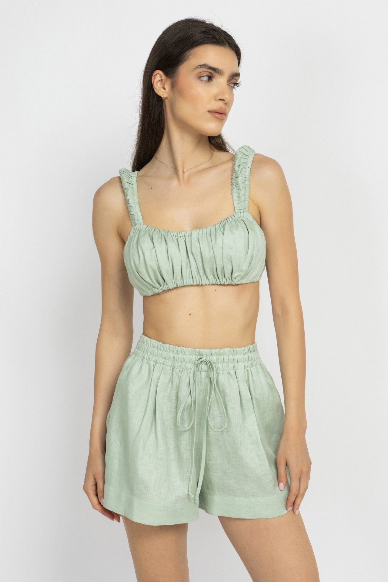 Mint Linen Bustier with Elastic Details