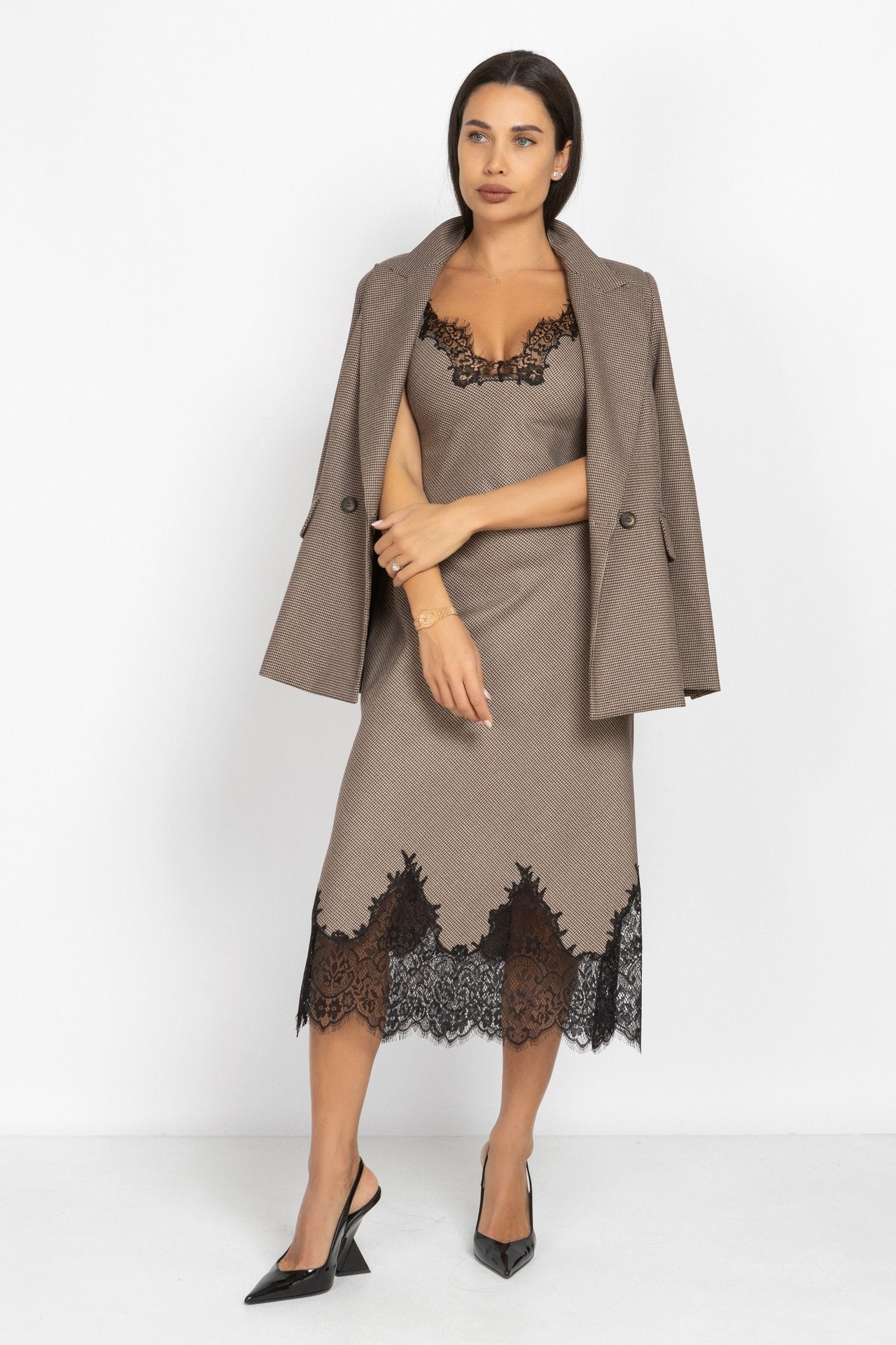 Houndstooth Lace-Trim Midi Dress