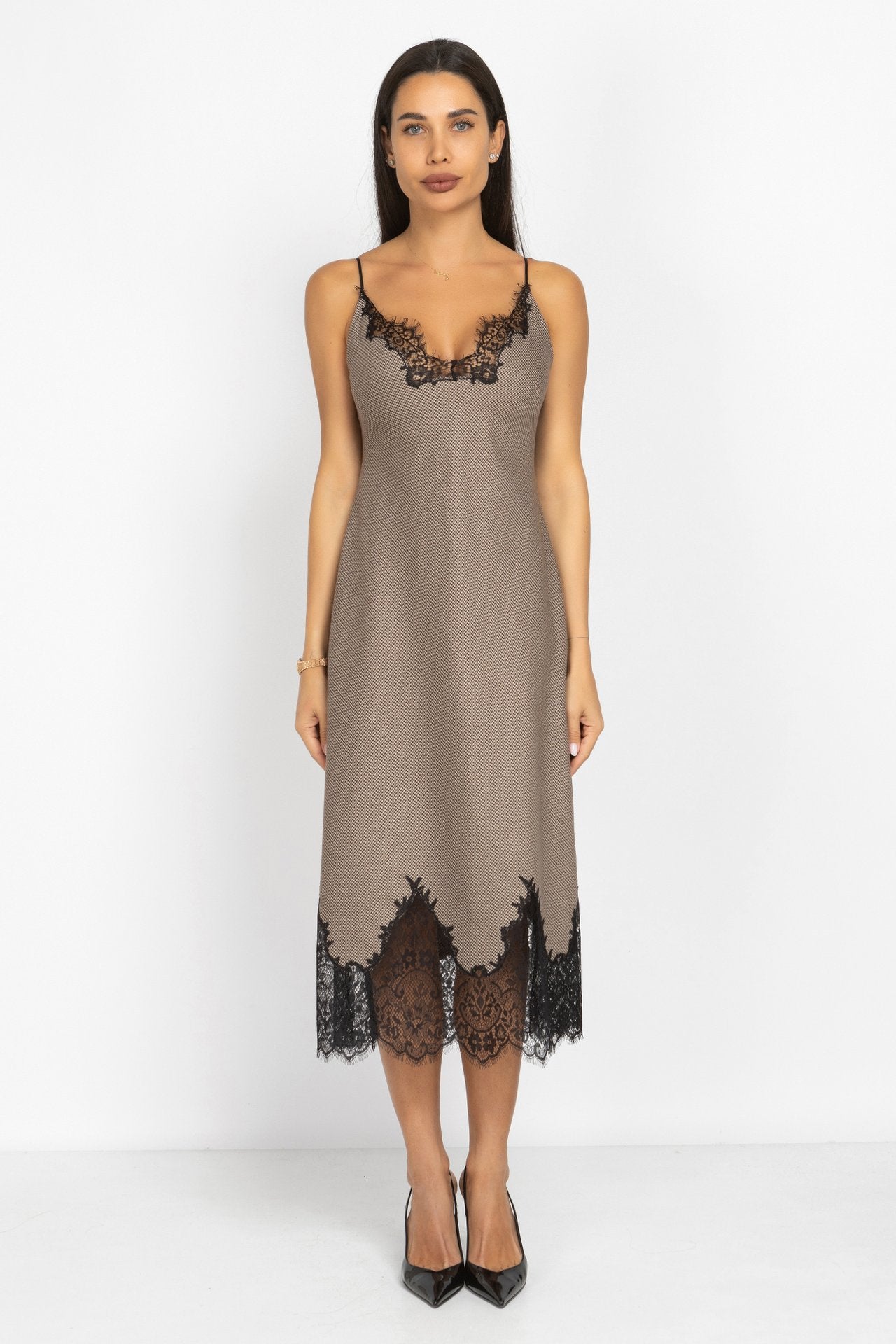 Houndstooth Lace-Trim Midi Dress