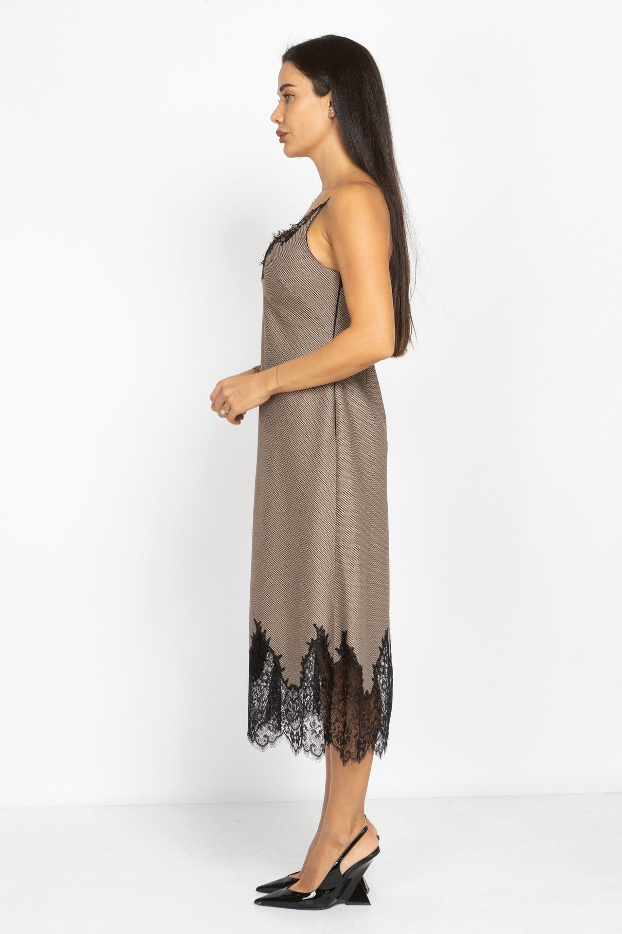 Houndstooth Lace-Trim Midi Dress