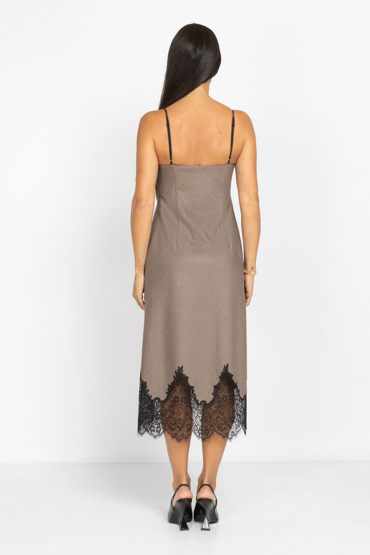 Houndstooth Lace-Trim Midi Dress
