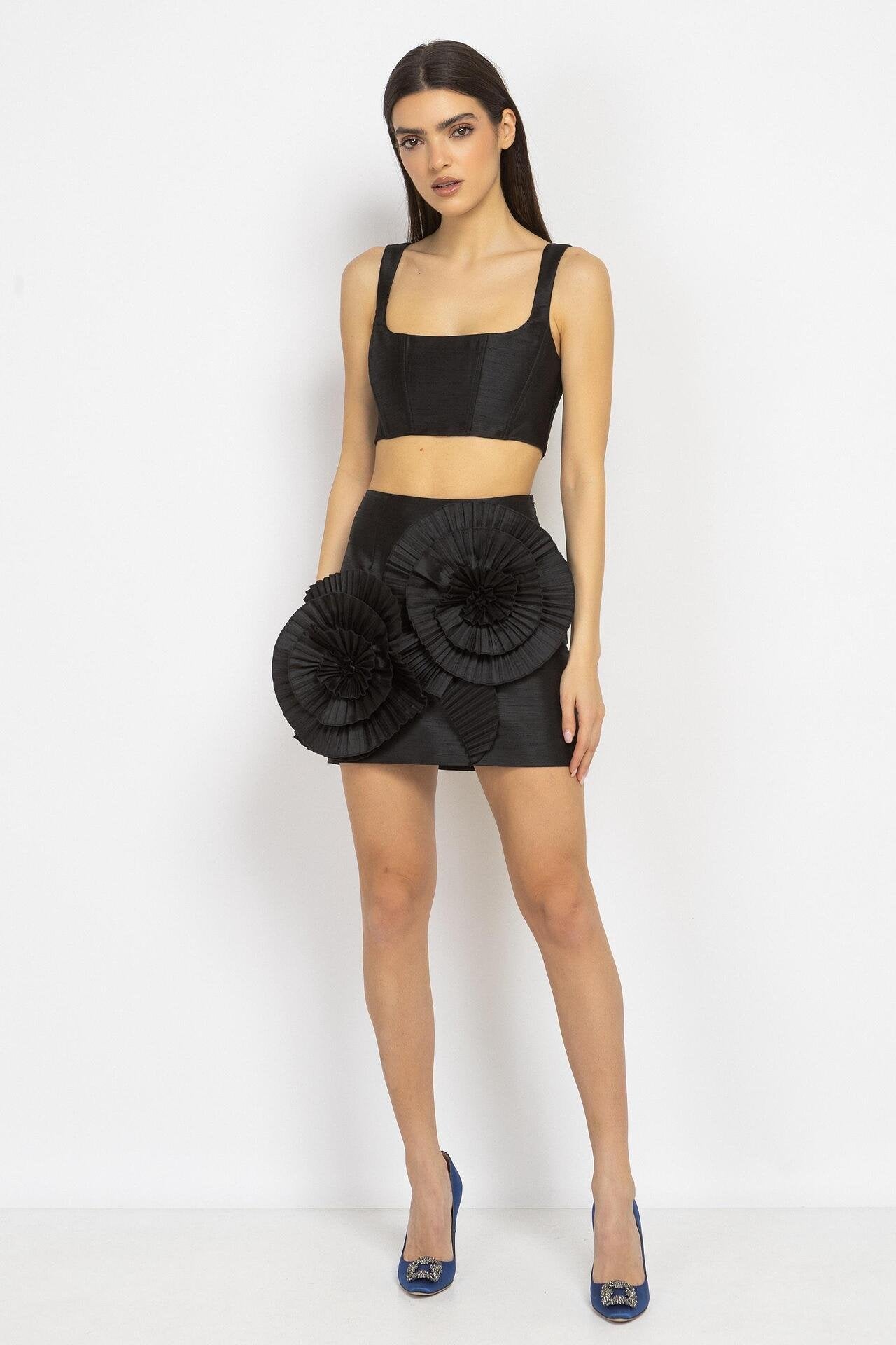 Mini Skirt with Floral Appliqués in Black