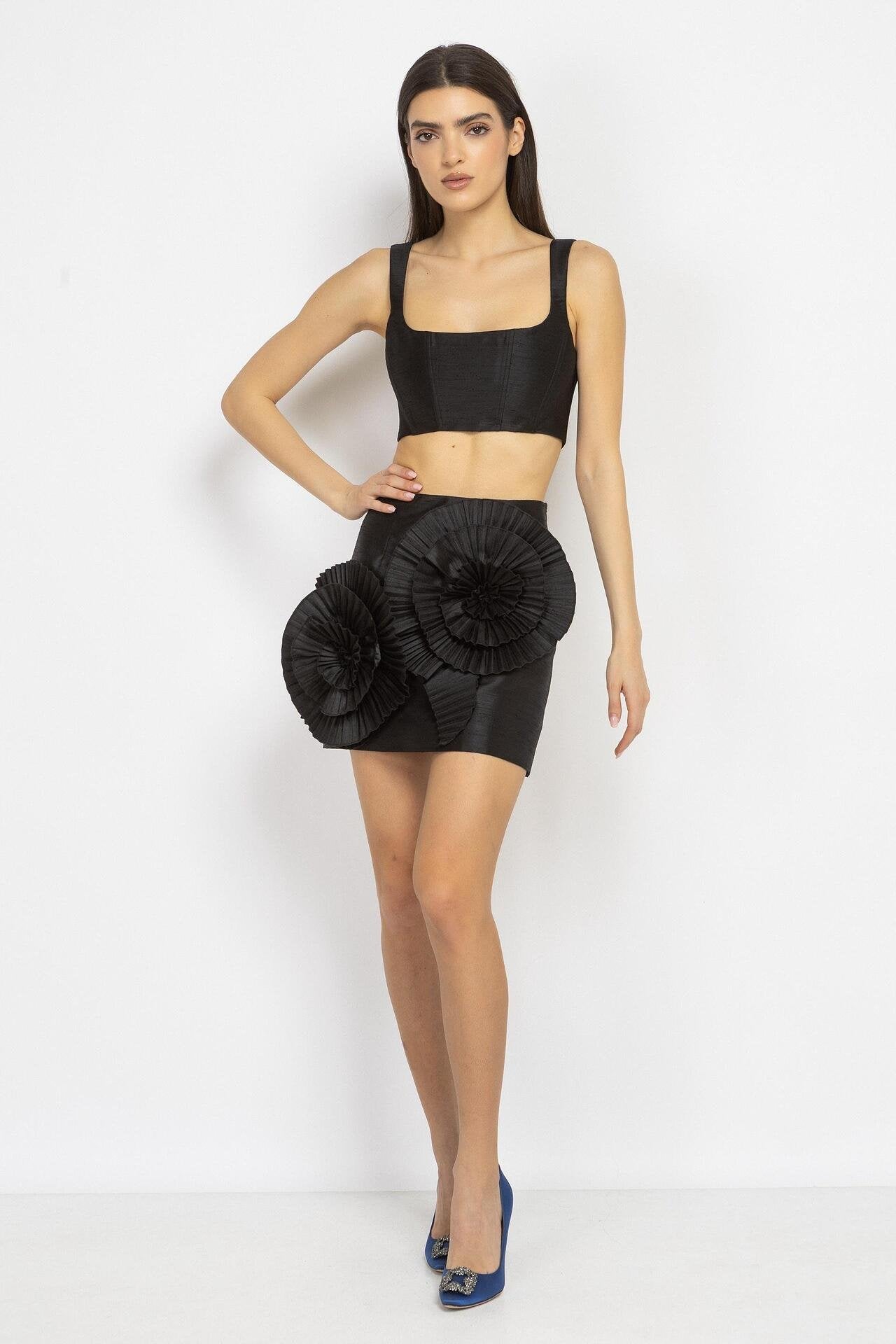 Mini Skirt with Floral Appliqués in Black