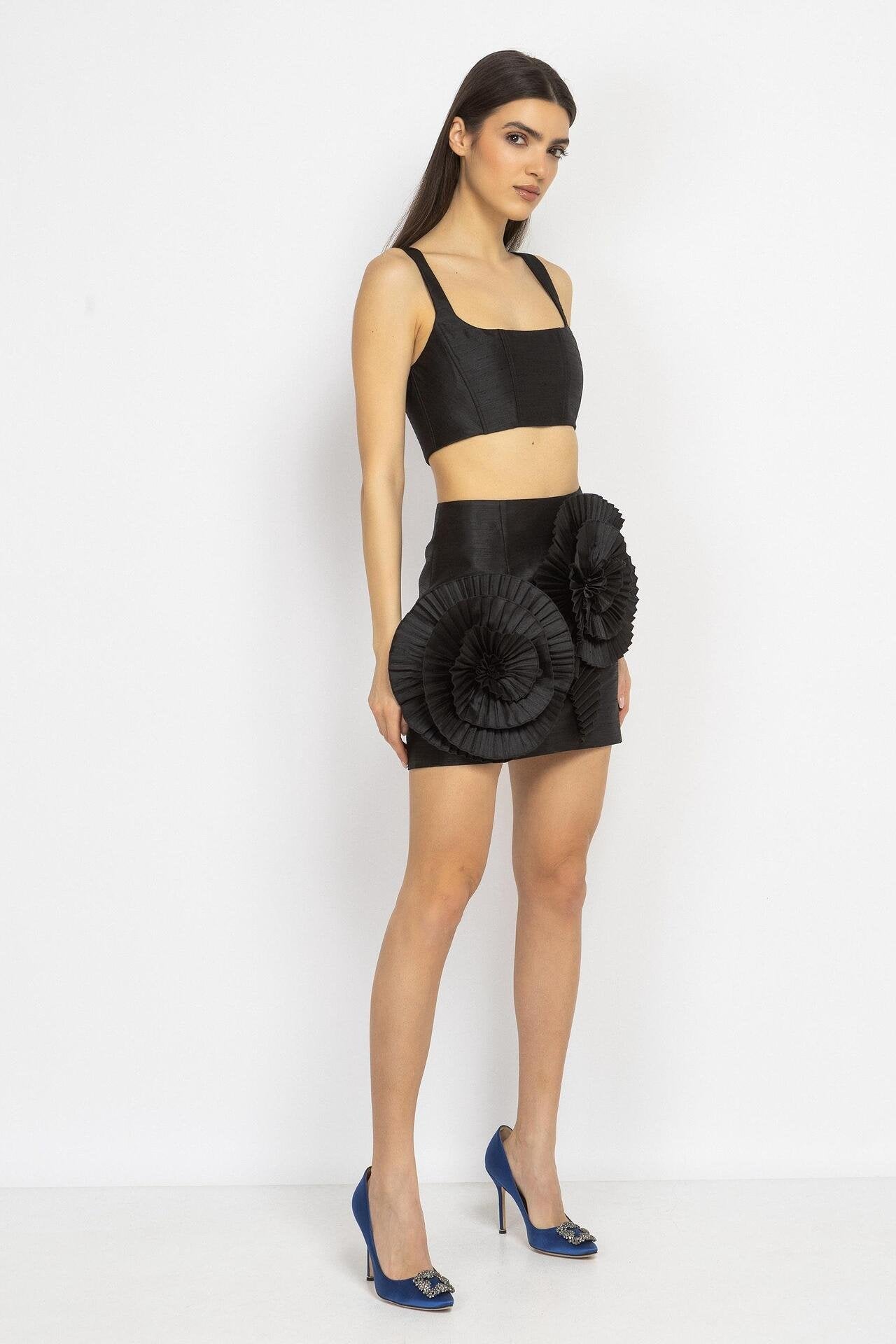 Mini Skirt with Floral Appliqués in Black