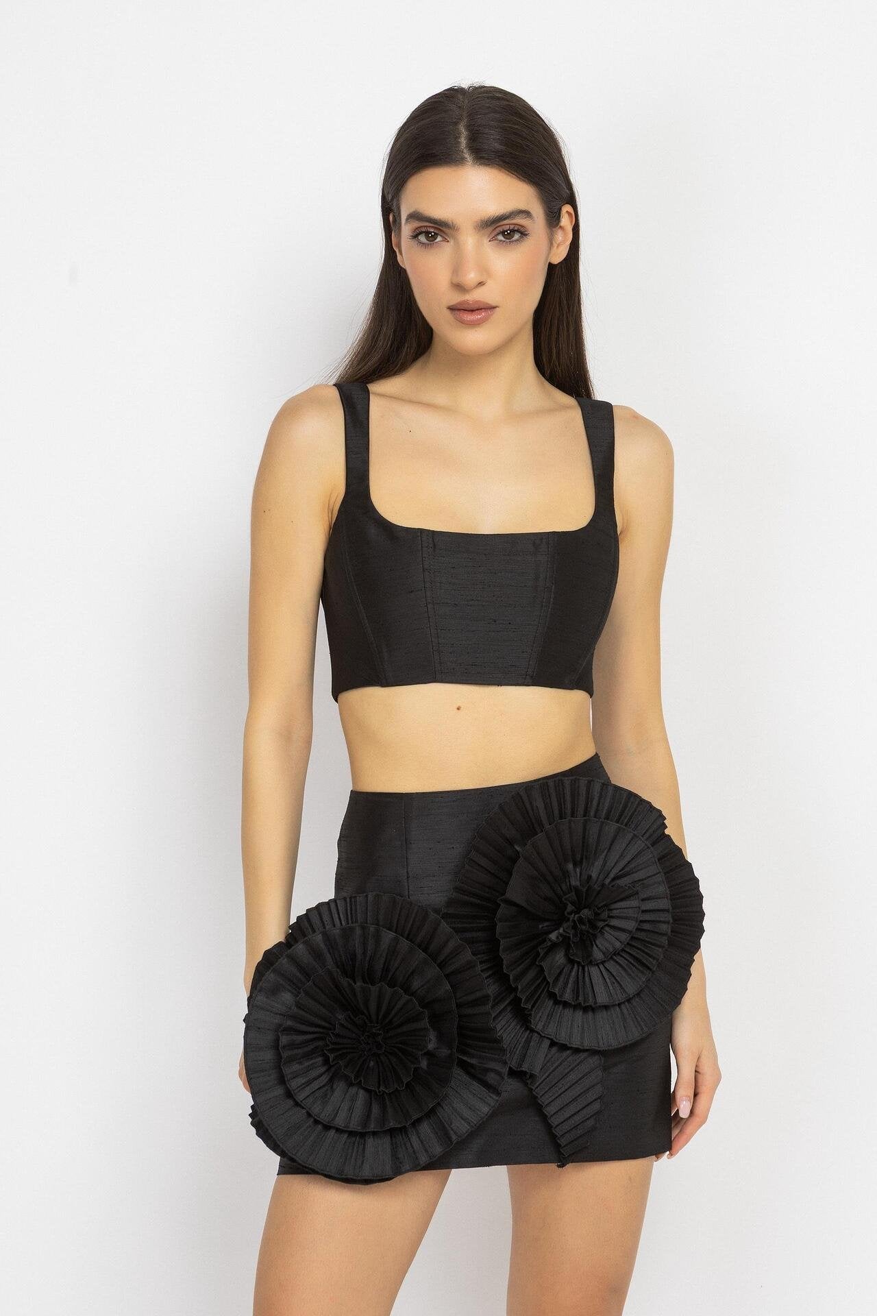 Mini Skirt with Floral Appliqués in Black