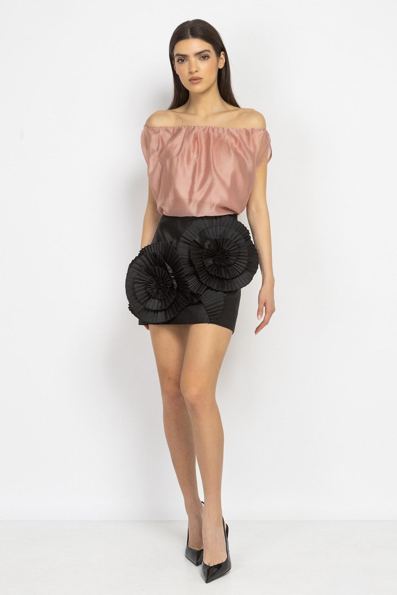 Mini Skirt with Floral Appliqués in Black