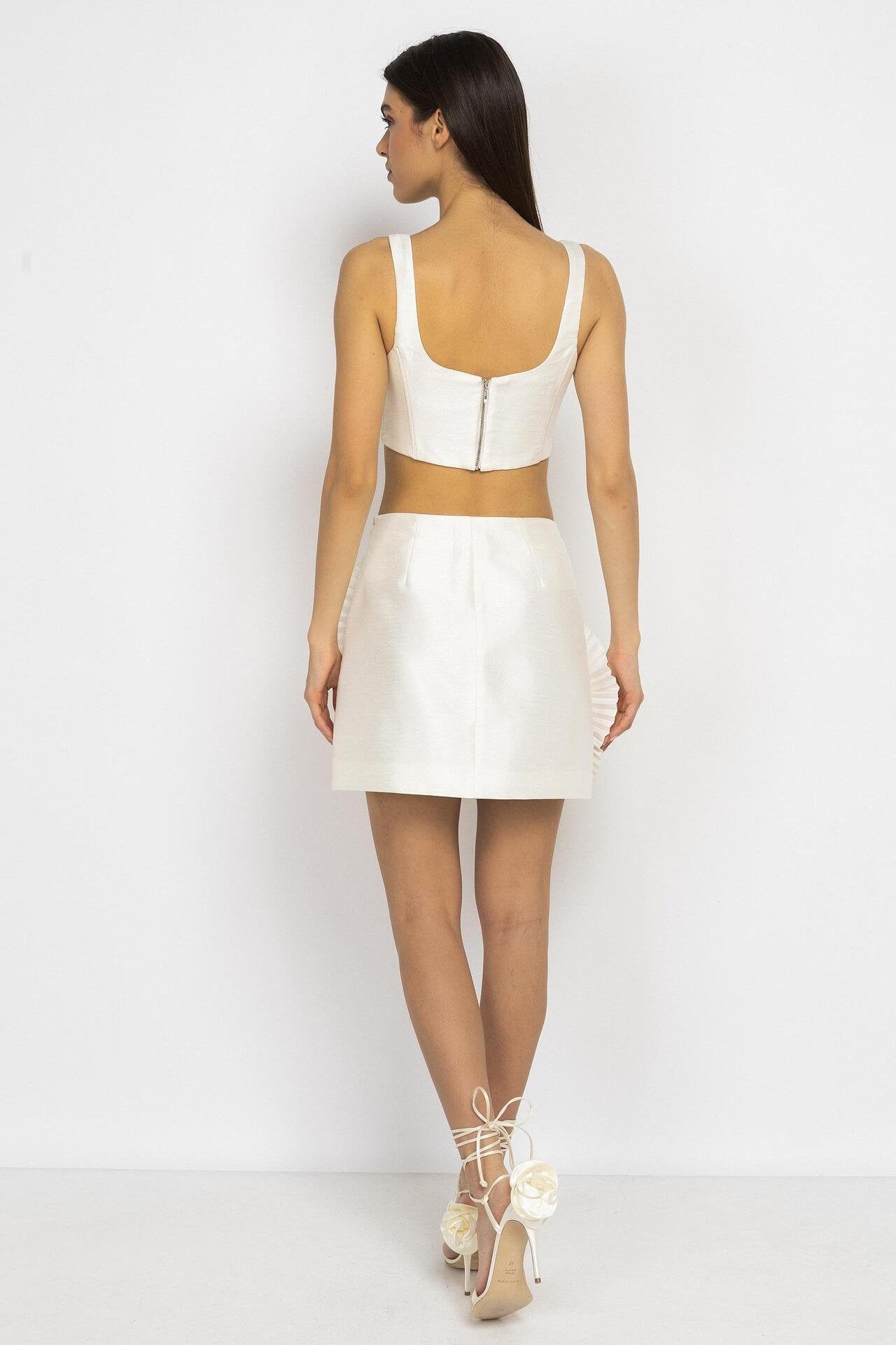 Mini Skirt with Floral Appliqués in Ecru