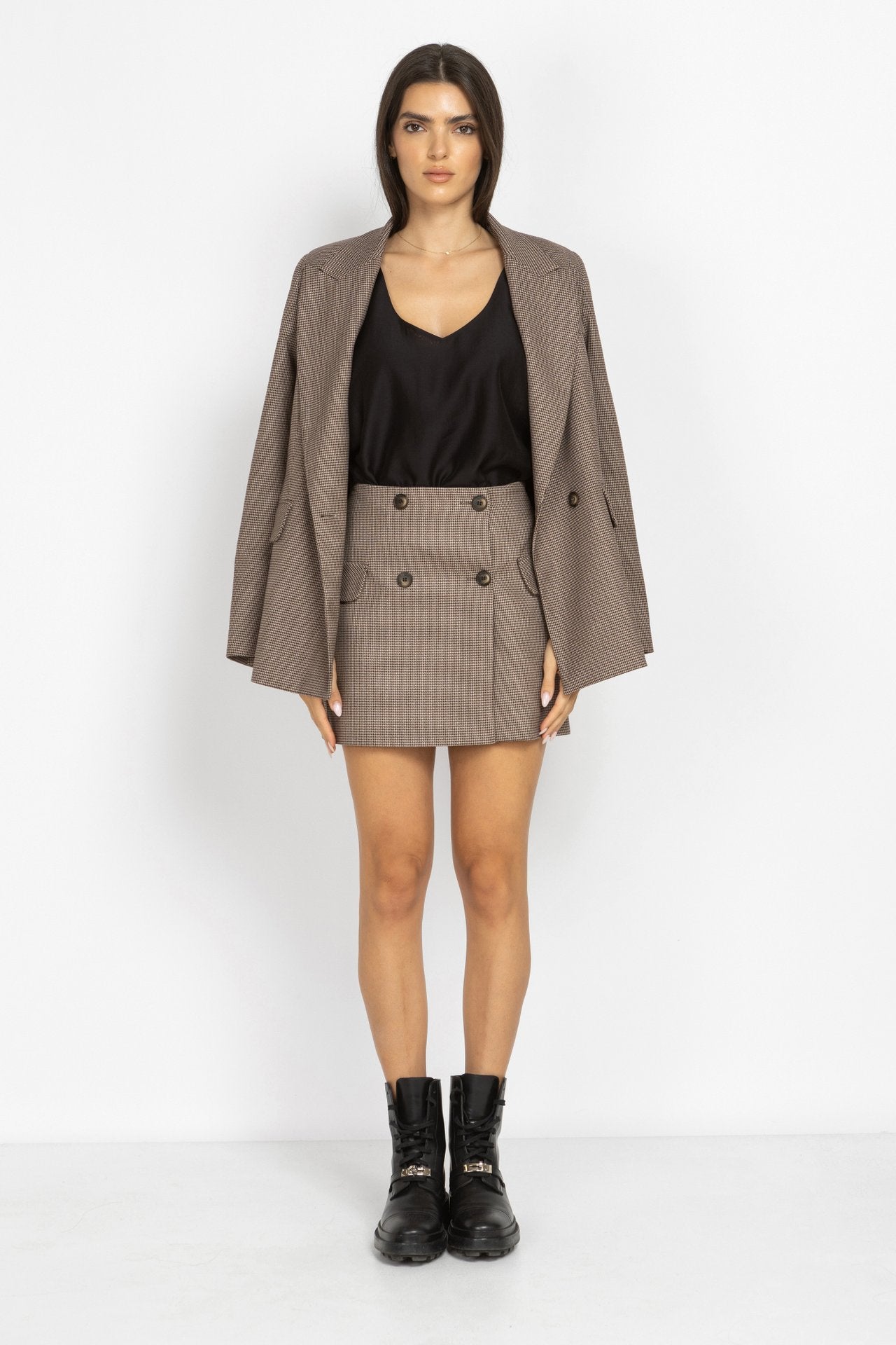 Houndstooth Mini Skirt with Statement Pockets