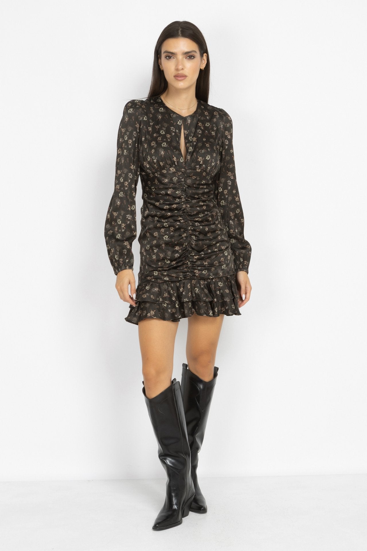 Ruched Floral Mini Dress with Ruffles