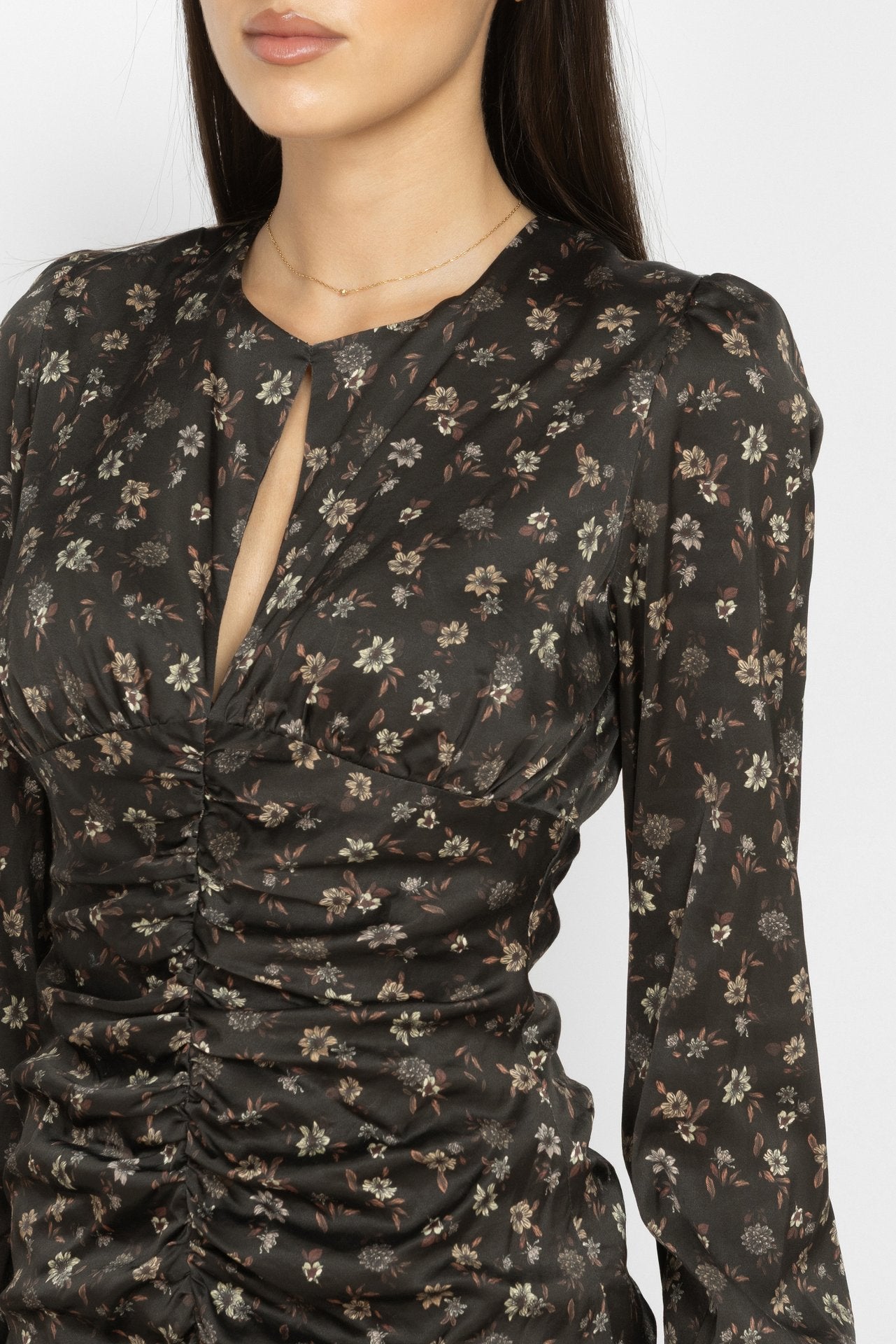 Ruched Floral Mini Dress with Ruffles