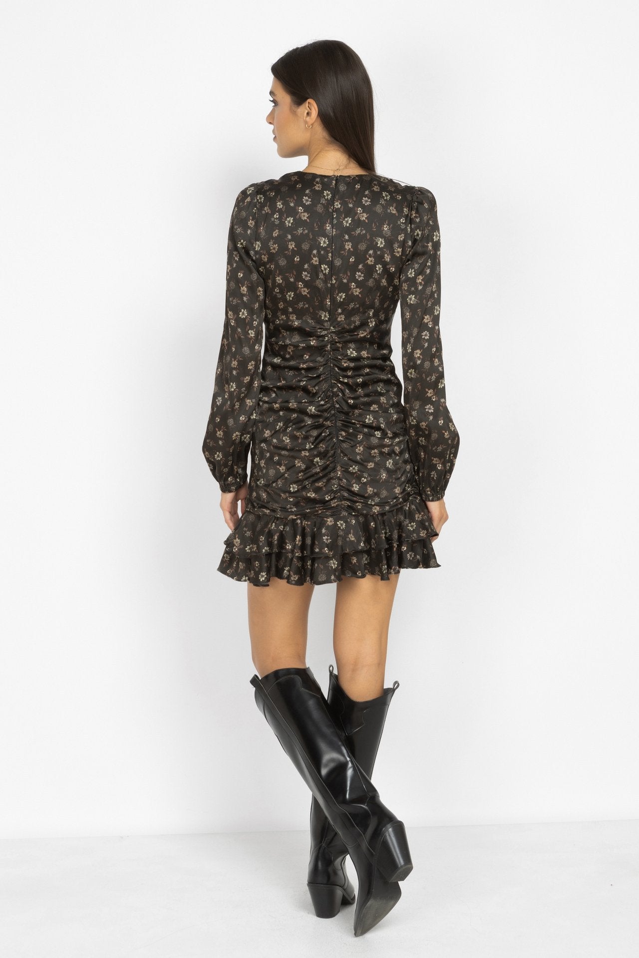 Ruched Floral Mini Dress with Ruffles