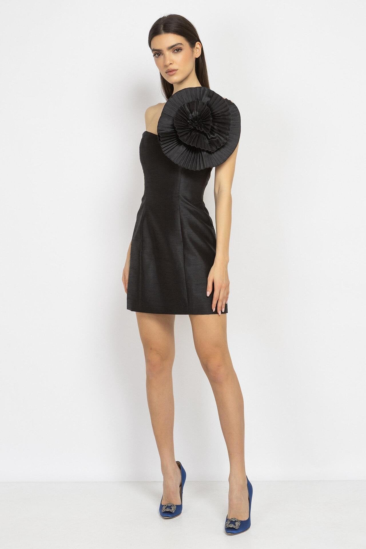 Black Mini Dress with Statement Floral Detail
