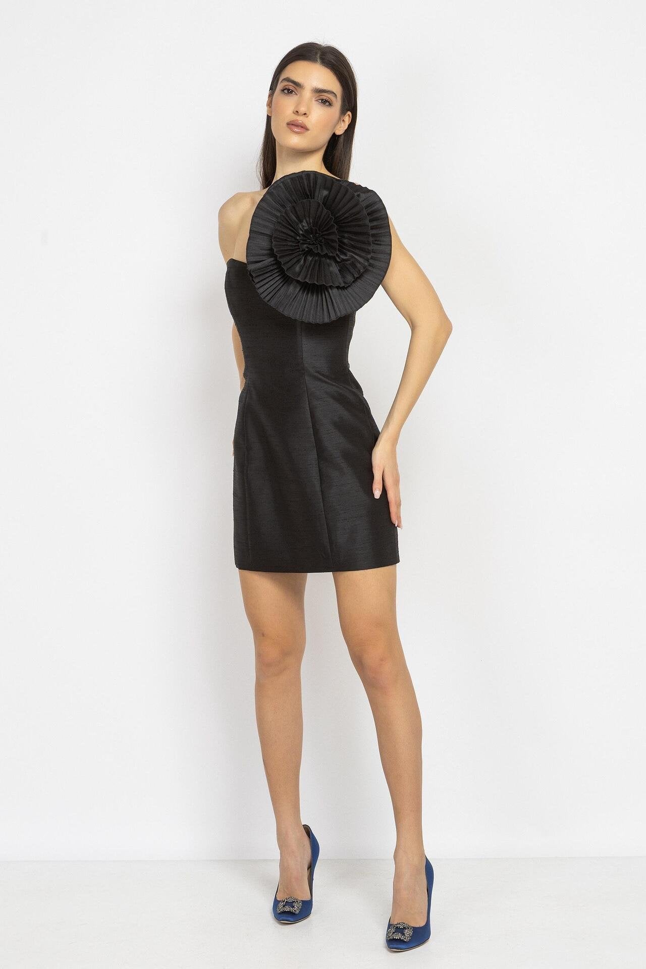 Black Mini Dress with Statement Floral Detail