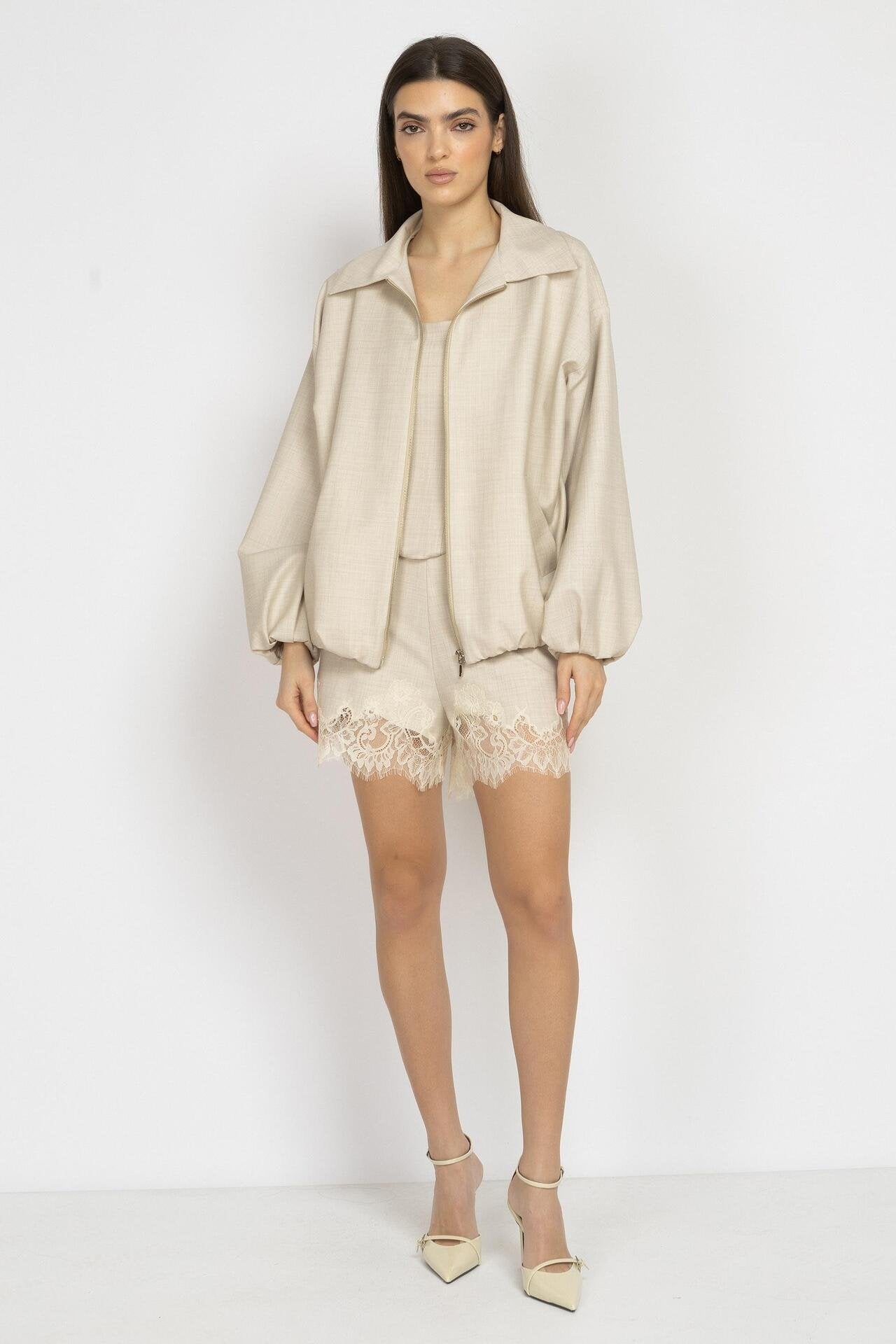 Ecru Oversized Wool Bomber Jacket