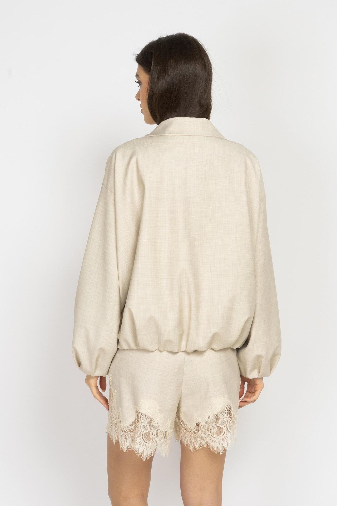 Ecru Oversized Wool Bomber Jacket
