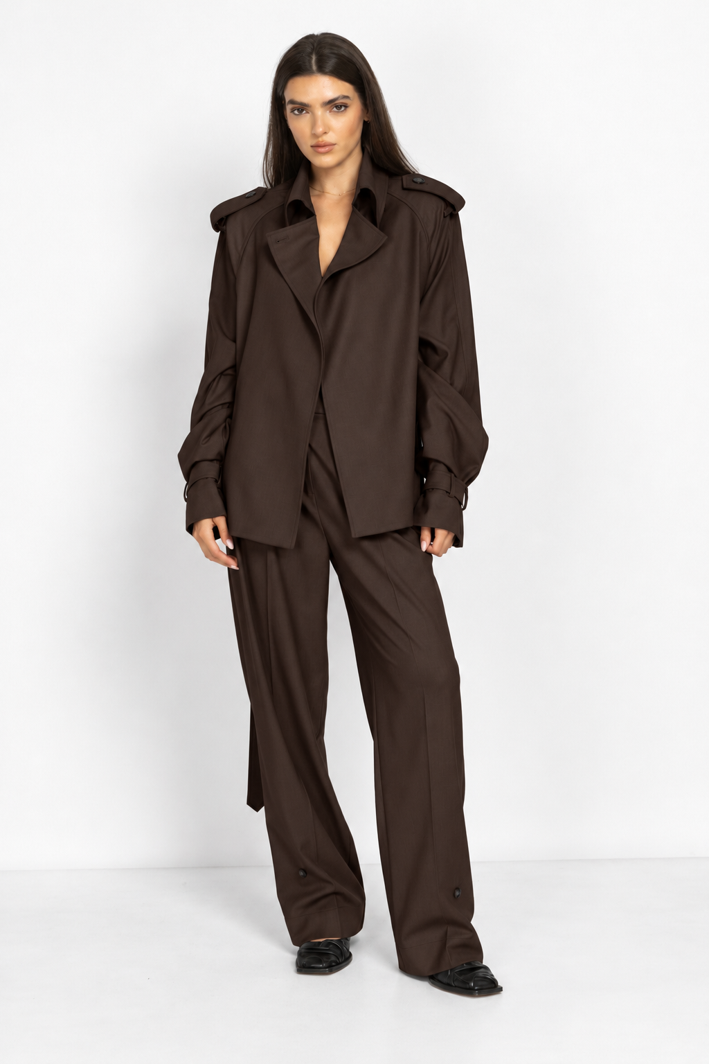 Wide-Leg Trousers with Hem Button Details in Brown