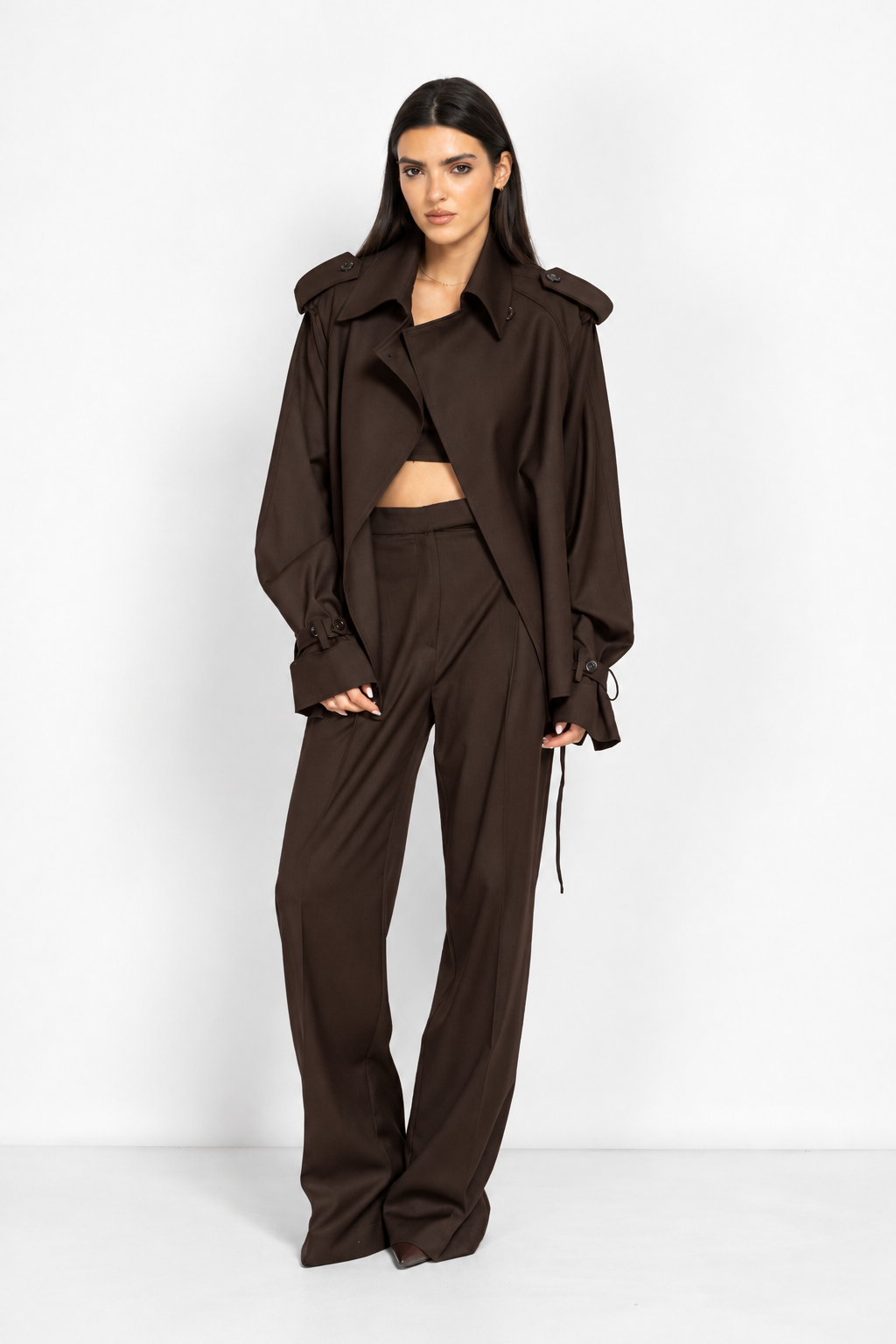 Wide-Leg Trousers with Hem Button Details in Brown