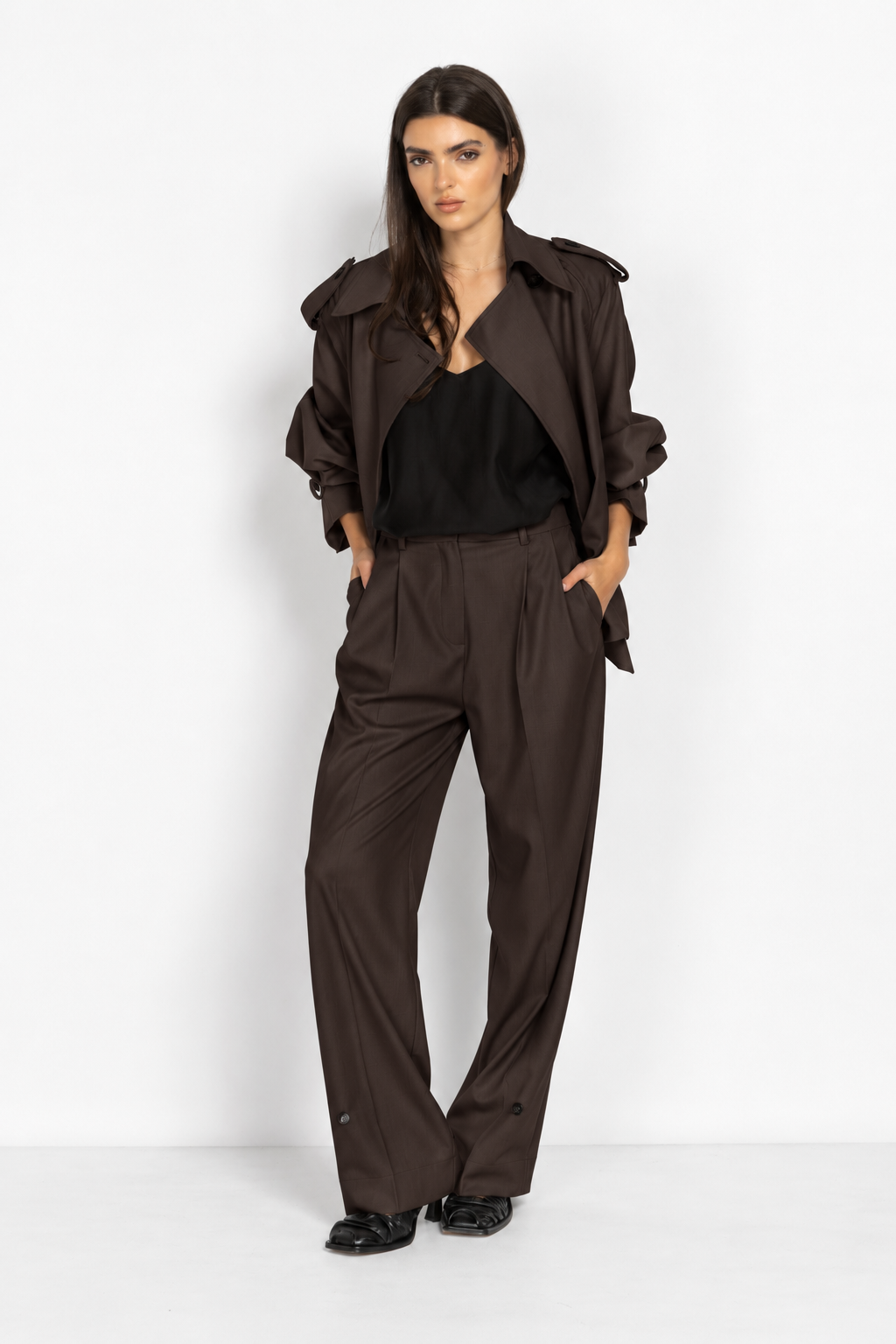 Wide-Leg Trousers with Hem Button Details in Brown