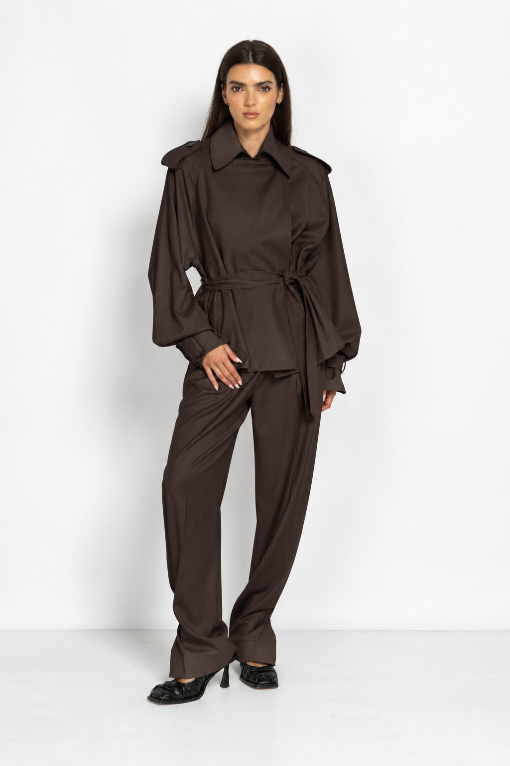 Wide-Leg Trousers with Hem Button Details in Brown