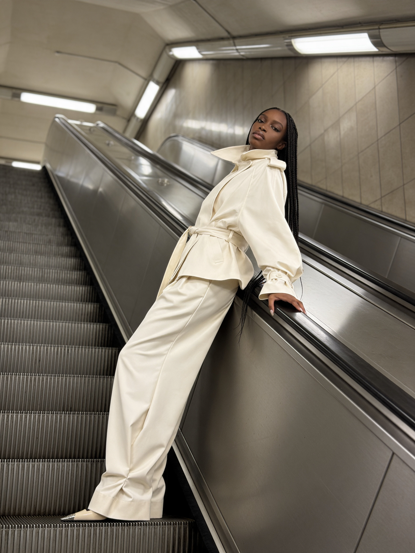 Wide-Leg Trousers with Hem Button Details in Ecru