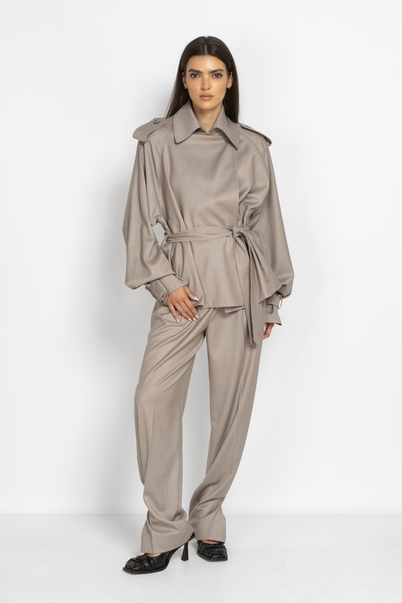 Wide-Leg Trousers with Hem Button Details in Mocha