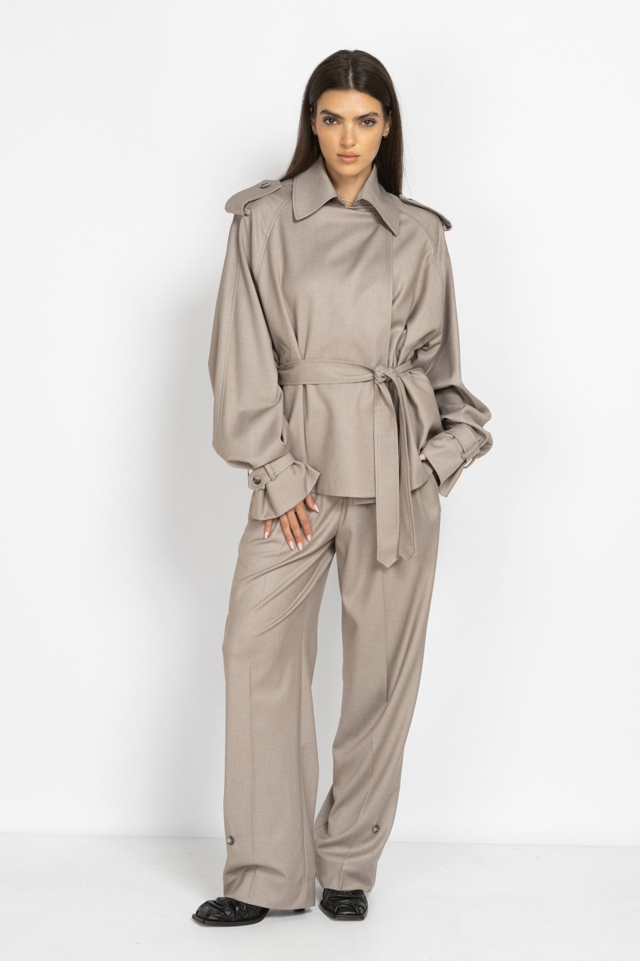Wide-Leg Trousers with Hem Button Details in Mocha