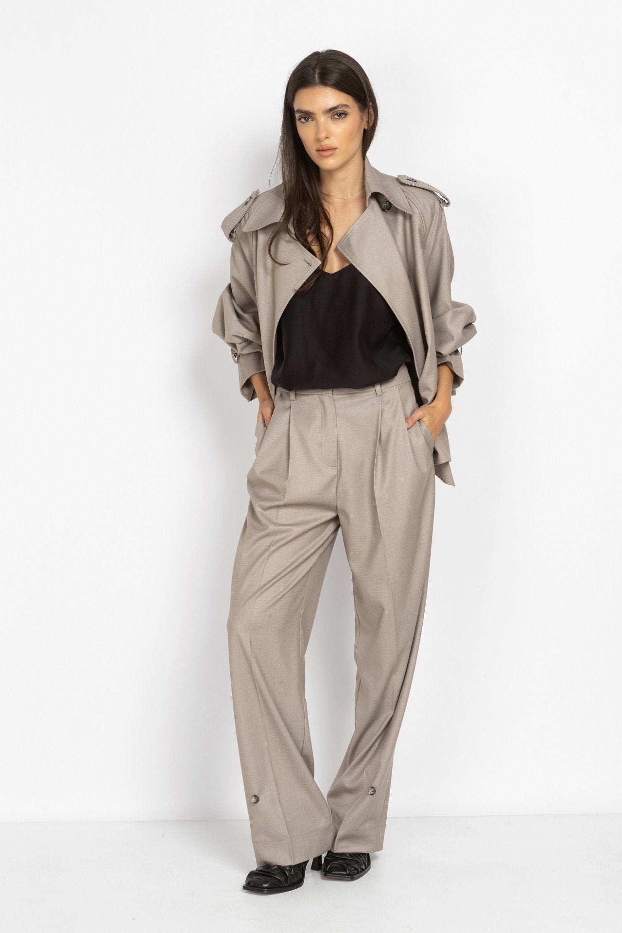 Wide-Leg Trousers with Hem Button Details in Mocha
