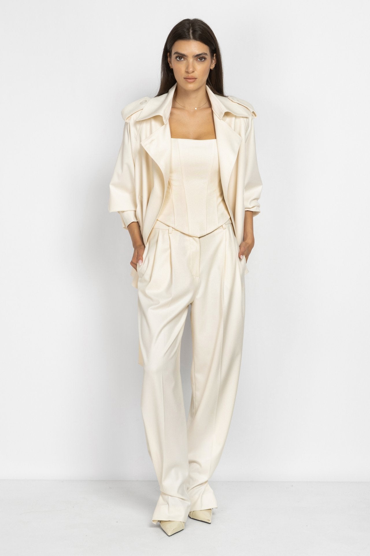 Wide-Leg Trousers with Hem Button Details in Ecru