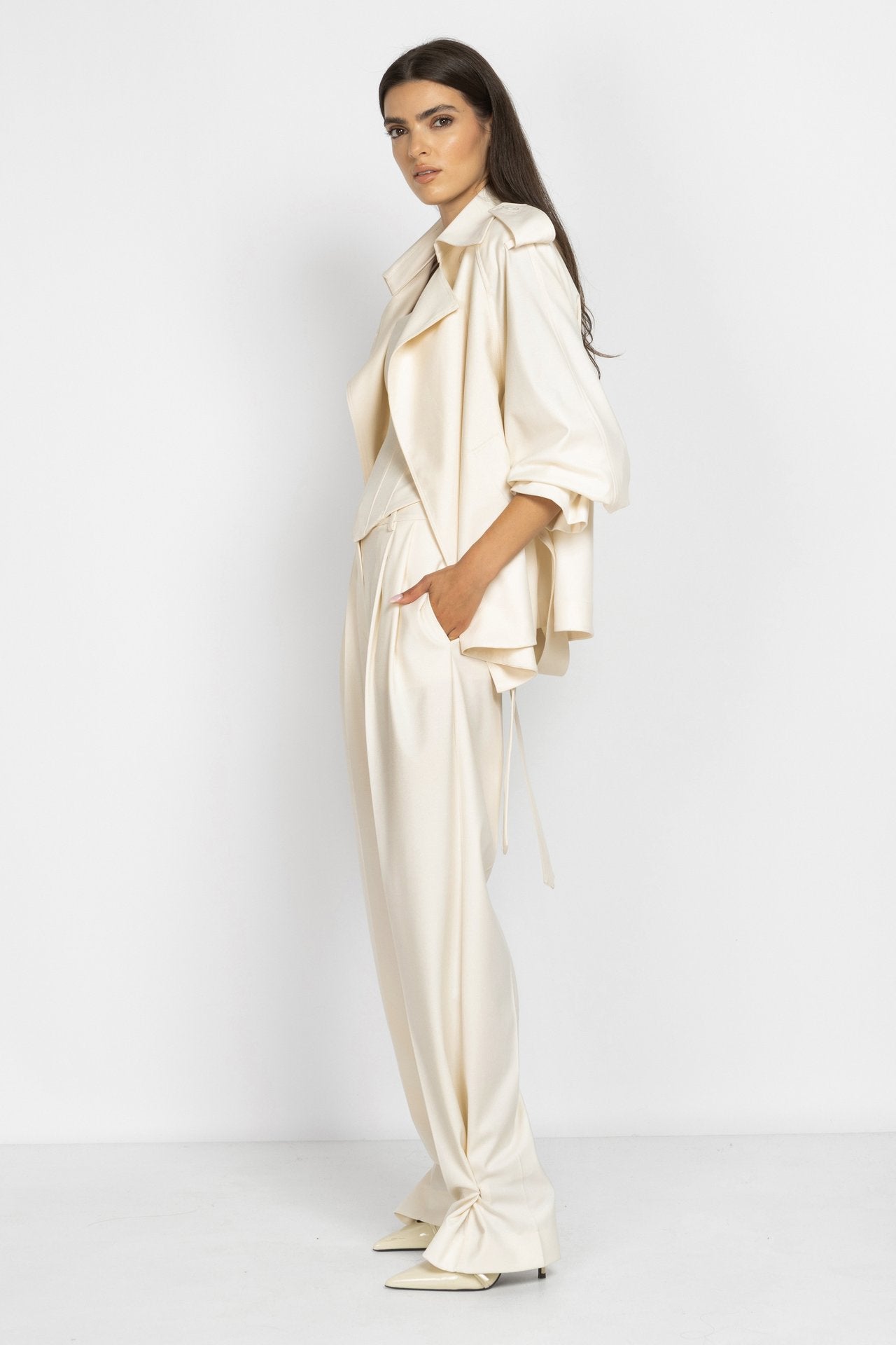 Wide-Leg Trousers with Hem Button Details in Ecru