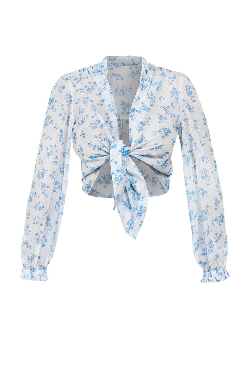 Chiffon shirt with blue spring flowers