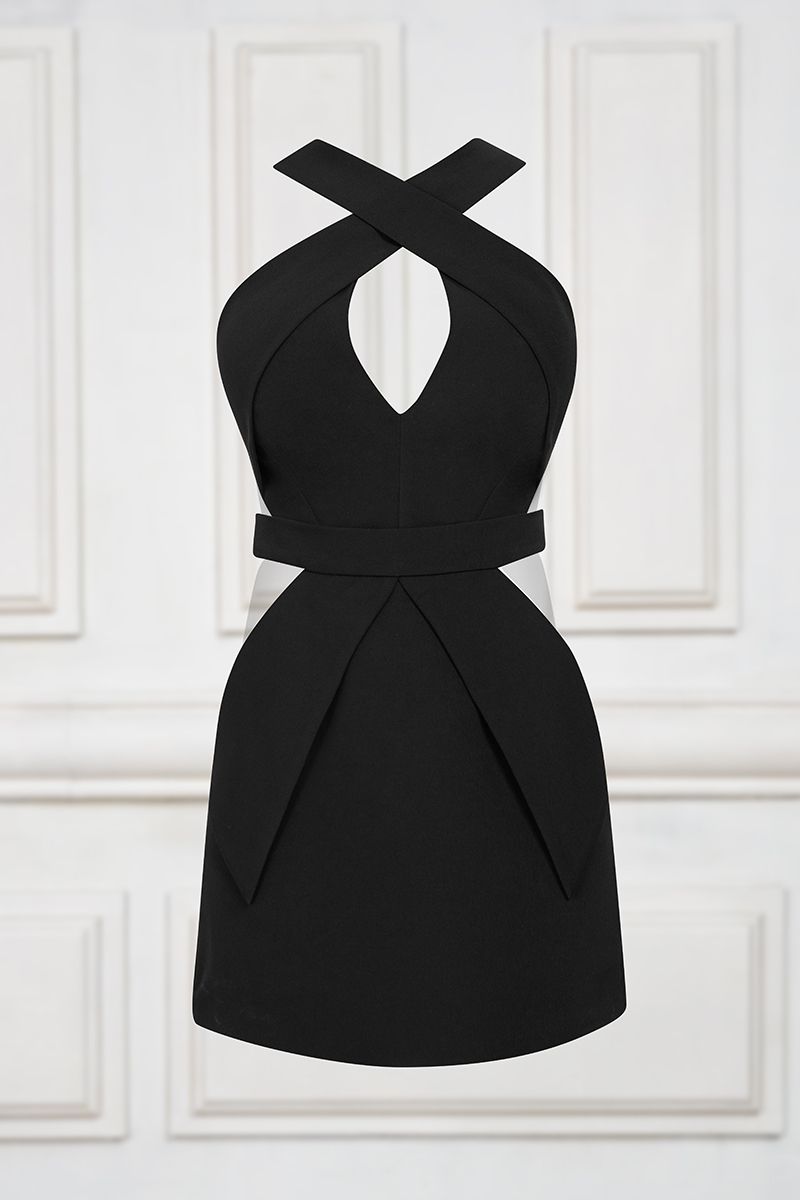 Mini dress with cross neckline in black