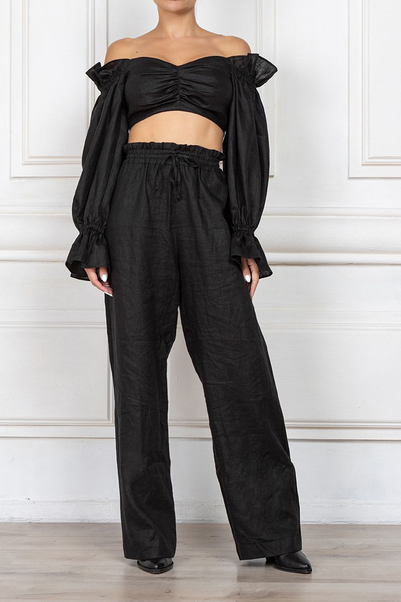 Black linen off shoulder top with sleeves