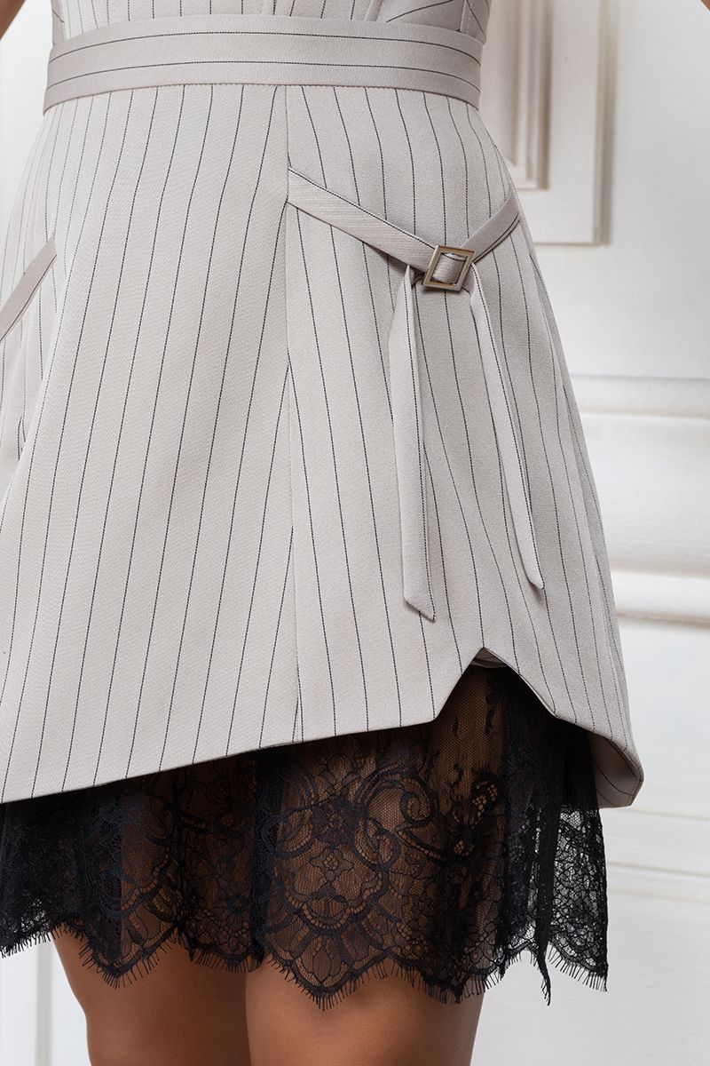 Gray Pinstripe asymmetric skirt with lace trim