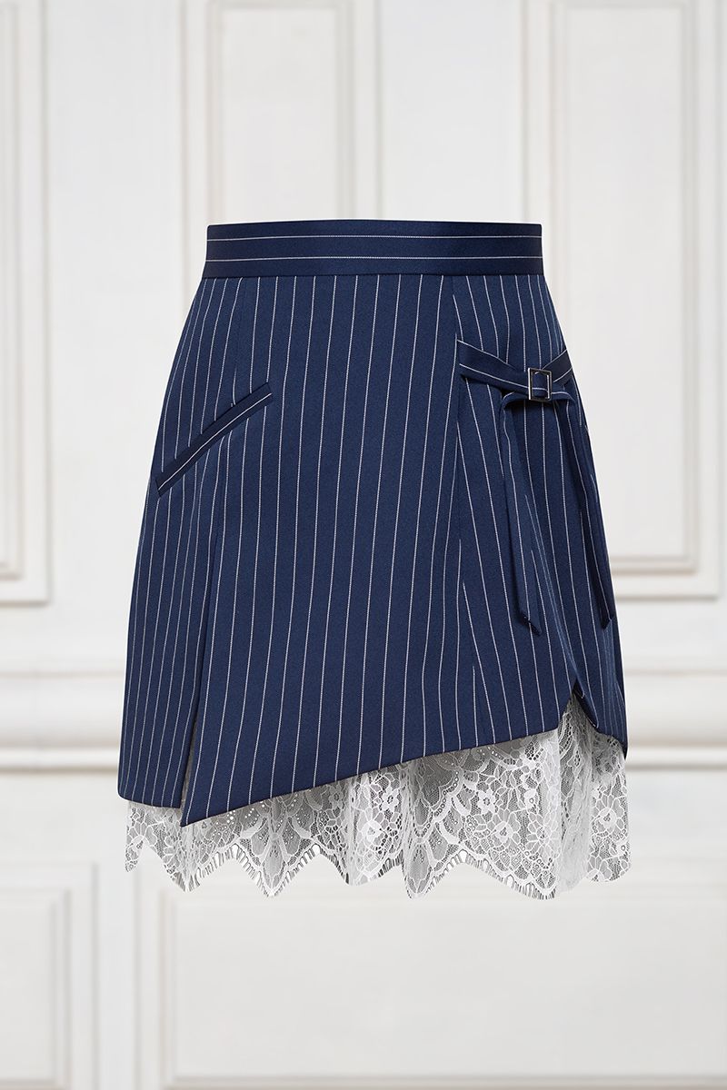 Navy Pinstripe asymmetric skirt with lace trim