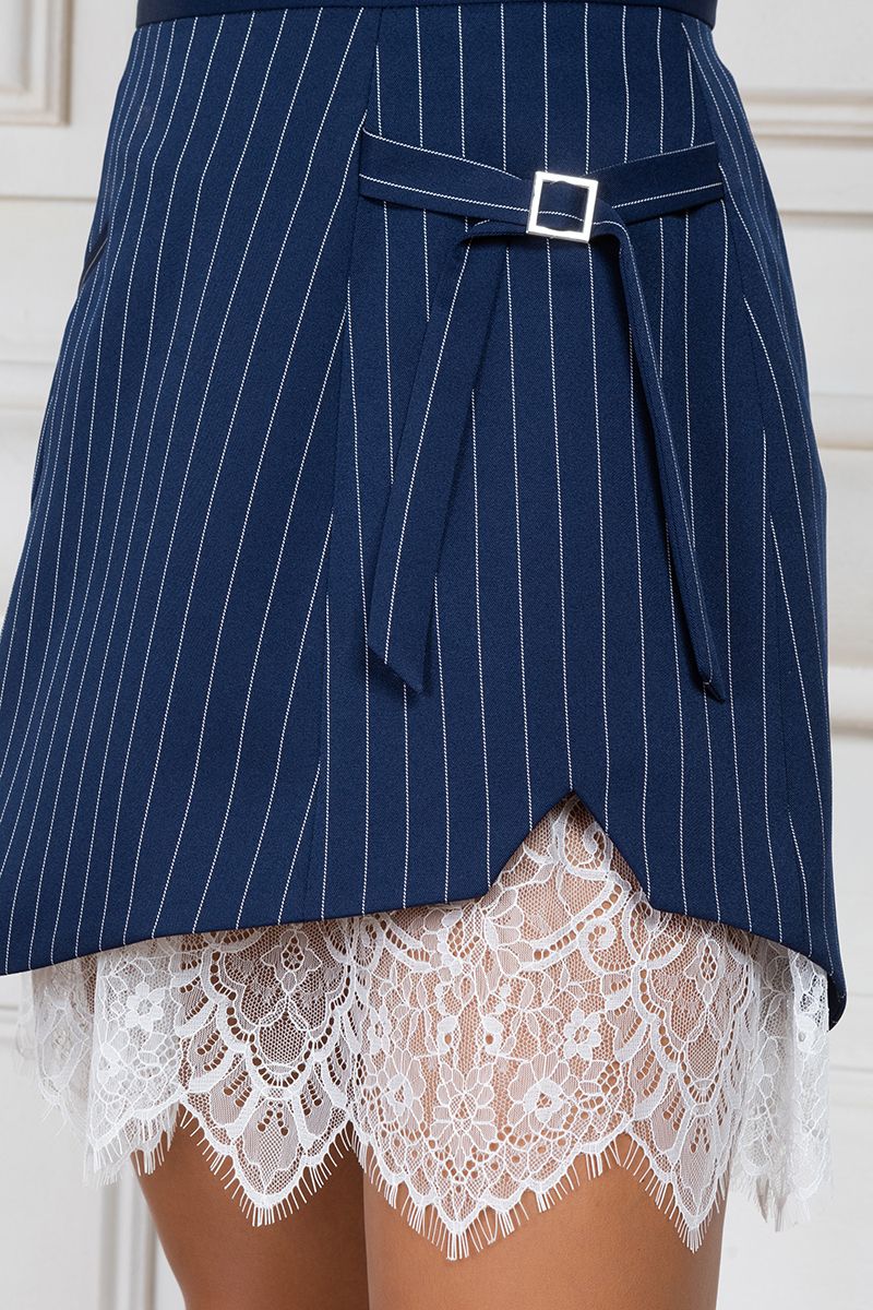 Navy Pinstripe asymmetric skirt with lace trim