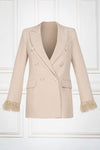 Beige Double Breasted Feather Cuff Blazer