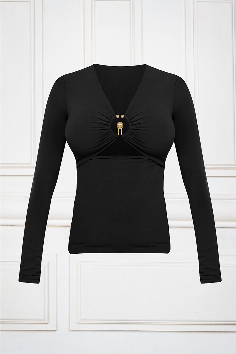 Black long-sleeved blouse with decorative panel