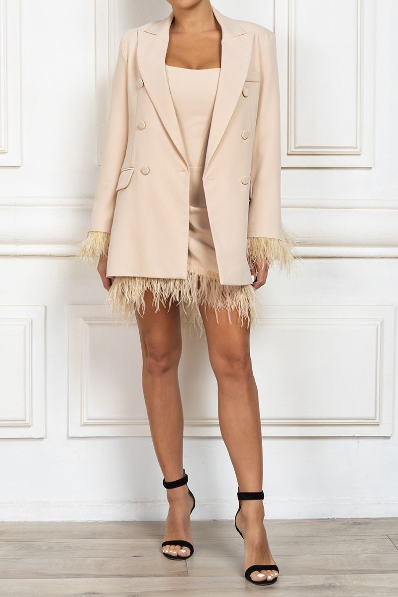 Beige Mini Corset dress with feather trim