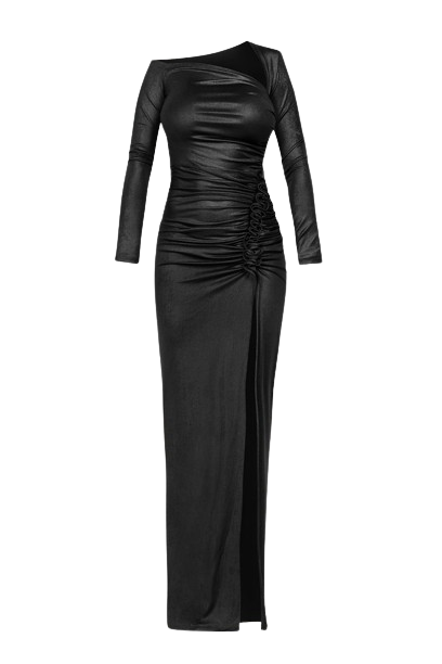 Maxi asymmetric long sleeve dress with ruched detail in black