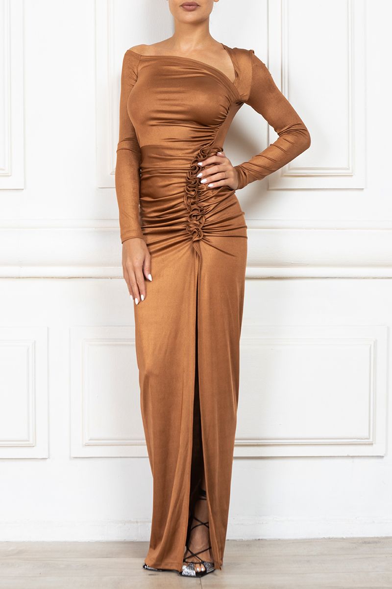 Maxi asymmetric long sleeve dress with ruched detail in brown