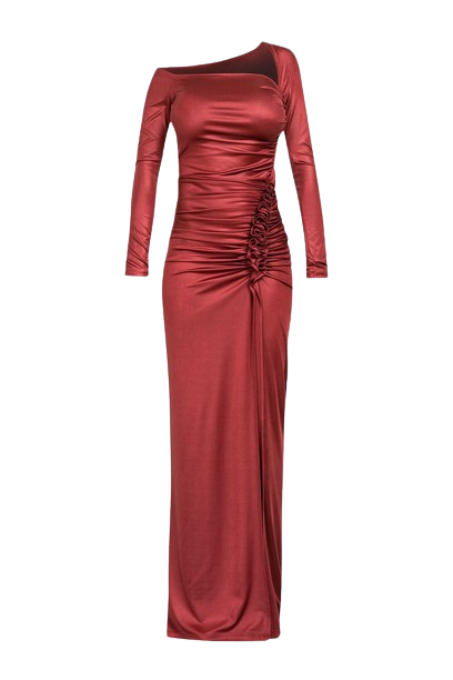 Maxi asymmetric long sleeve dress with ruched detail in red