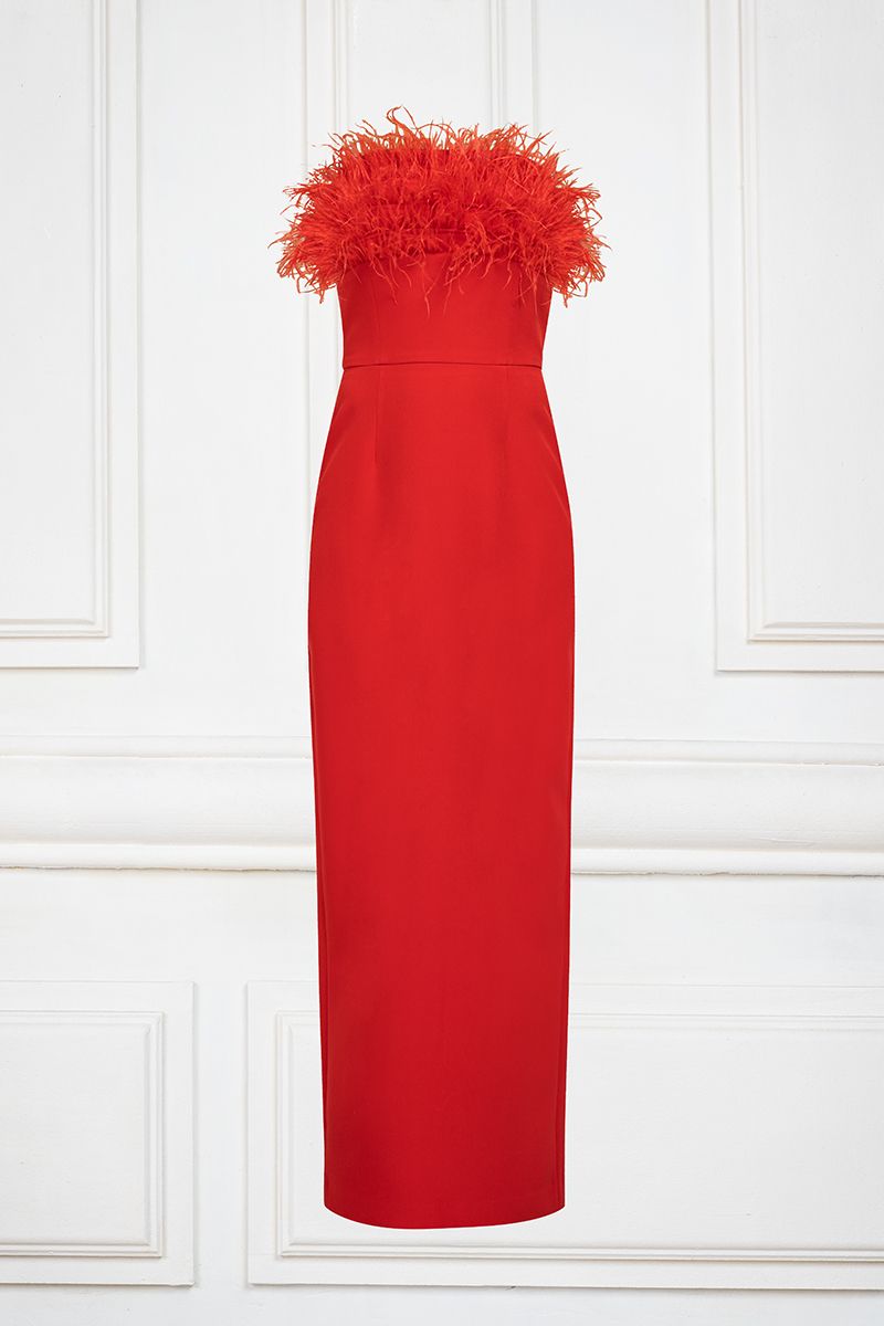 Red Bandeau feather trim maxi dress with detachable sleeves