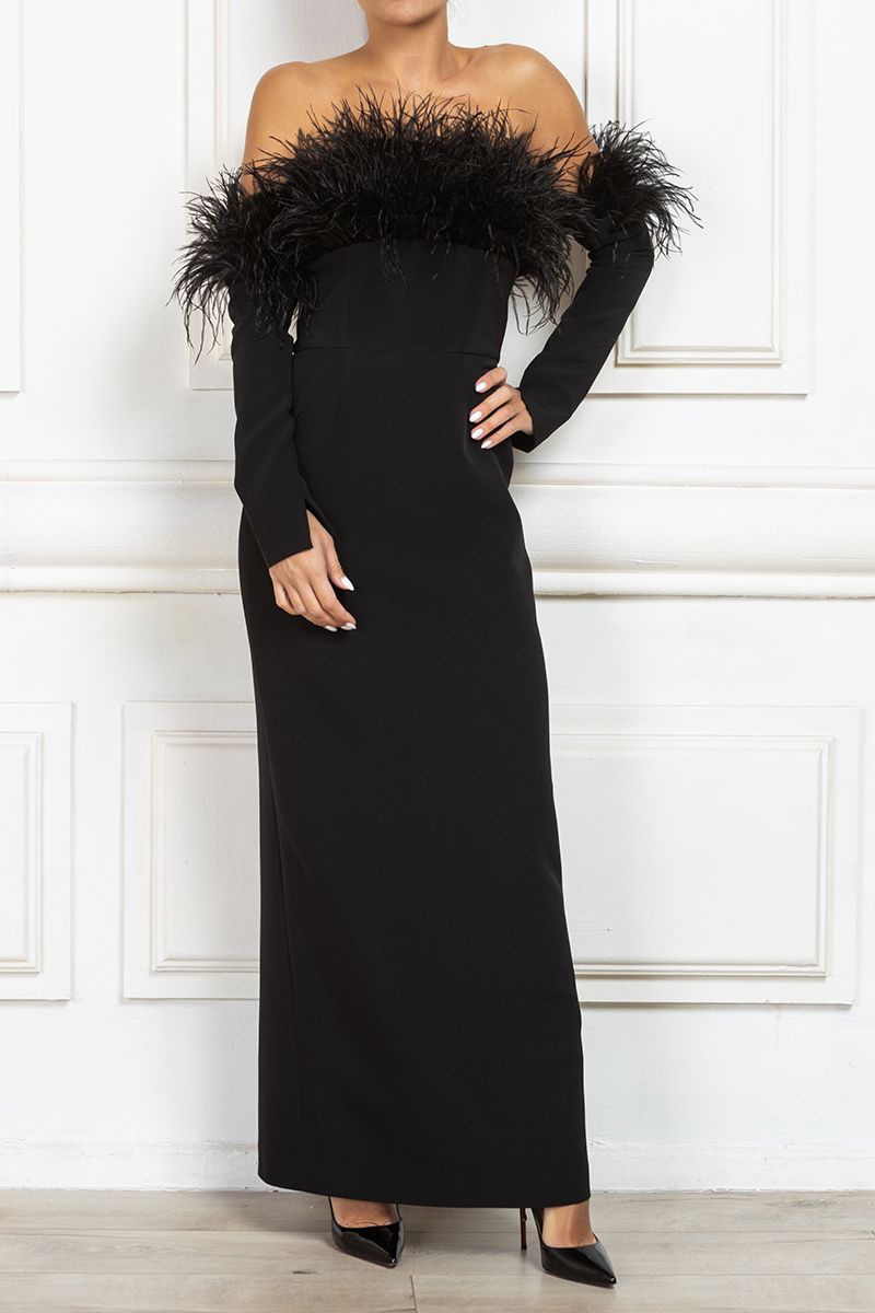 Black Bandeau feather trim maxi dress with detachable sleeves