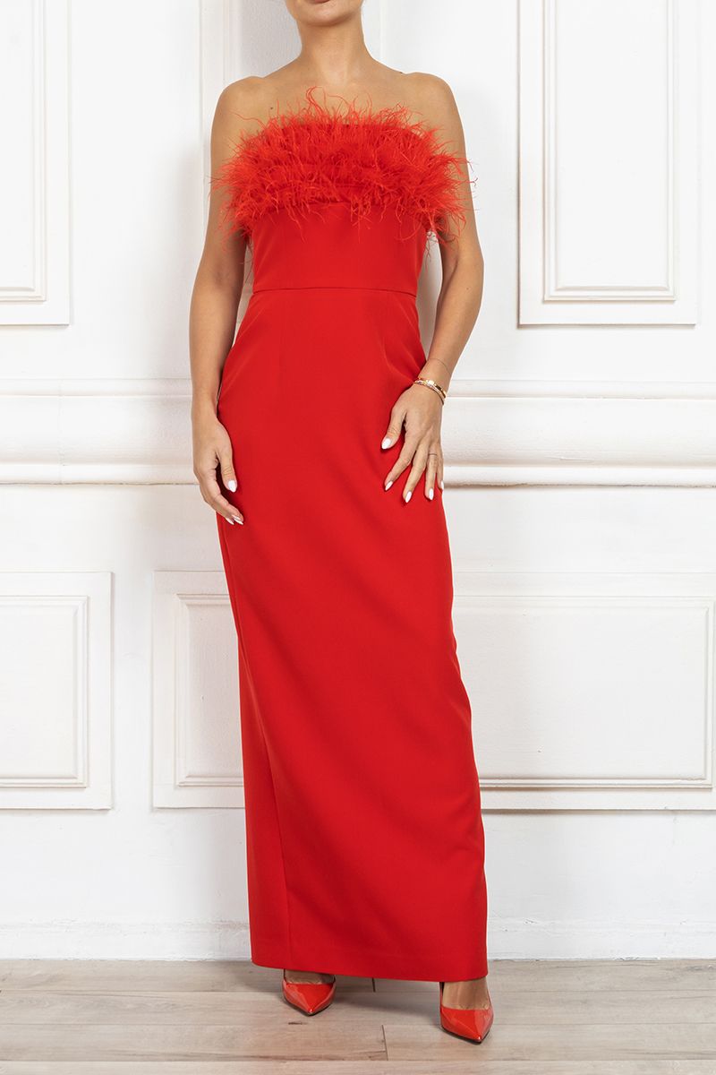 Red Bandeau feather trim maxi dress with detachable sleeves